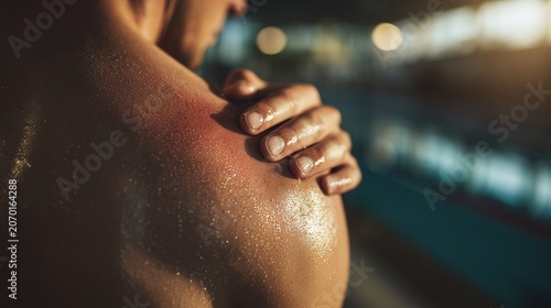 Swimmer holding a painful shoulder at poolside with water dripping, intense cinematic lighting and sports injury recovery concept