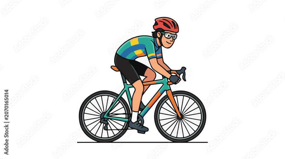 Fototapeta premium A cartoon cyclist wearing colorful attire rides a bicycle