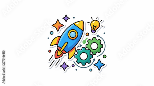A colorful cartoon rocket ship blasting off with gears and a light bulb