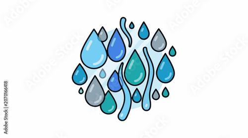 A cluster of blue, gray, and green cartoon water droplets on a white background