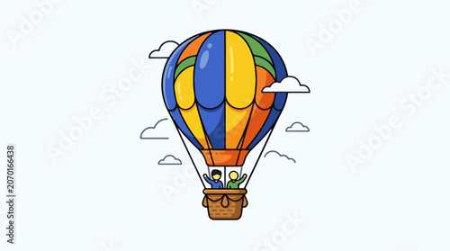 Colorful hot air balloon with two people flying among clouds