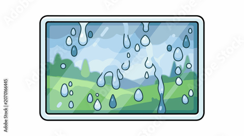 A serene landscape viewed through a rain-soaked window with droplets on it