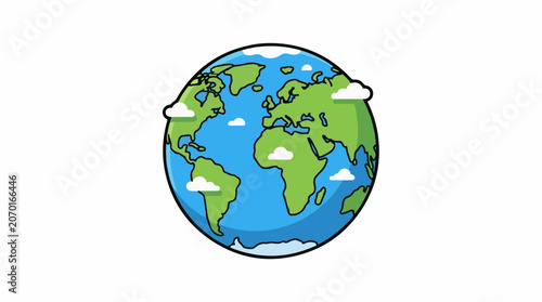 A simple cartoon illustration of the Earth with green continents and blue oceans