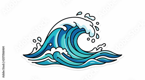 A cartoon-style illustration of a large blue ocean wave with white foam