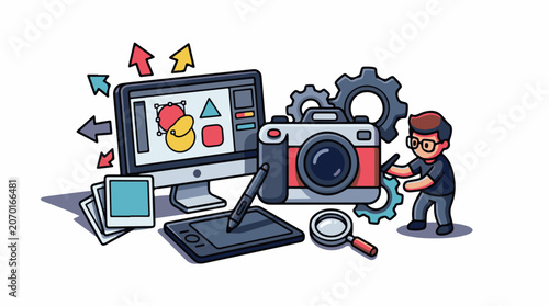 A man working with graphic design tools and gadgets