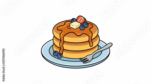 A stack of pancakes on a plate with syrup, butter, blueberries and a strawberry
