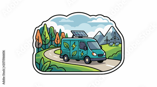 A green electric van with solar panels on its roof drives on a winding road through a scenic landscape with trees, mountains, and wind turbines