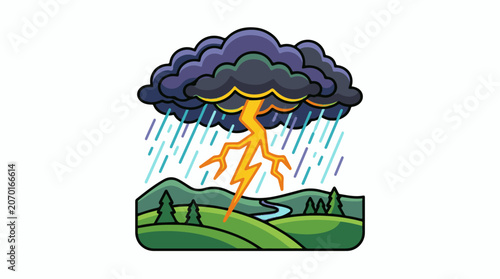 A cartoon landscape with rolling green hills, a winding river, and a dark storm cloud with lightning