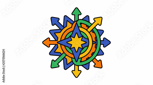 A colorful abstract graphic of arrows and shapes in blue, orange, green, and yellow