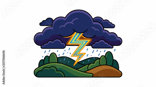 A cartoon landscape with a dark storm cloud and lightning