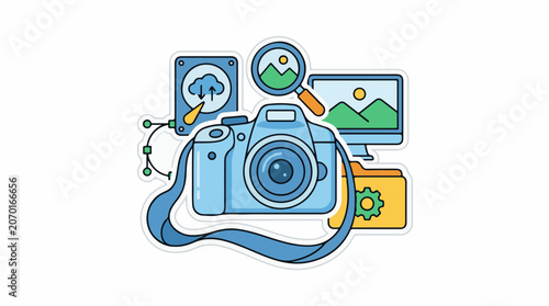 A blue camera surrounded by icons representing photo editing and management