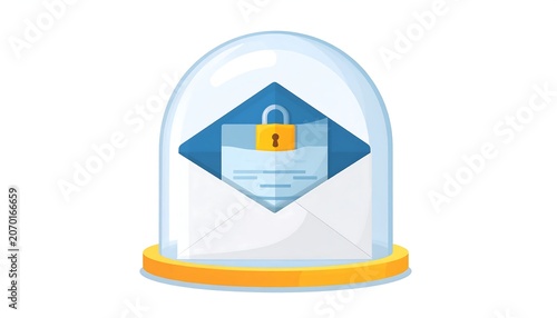 A stylized graphic of an envelope with documents and a padlock sealed under a protective glass dome, a security concept