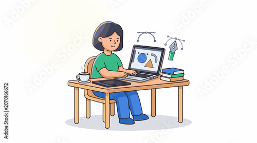 A woman sits at a desk with a laptop and books
