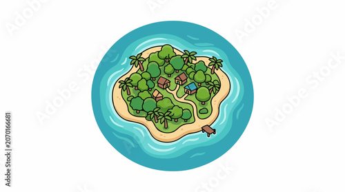 A cartoon island with trees, houses, and a dock