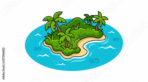 A cartoon illustration of a small island with palm trees