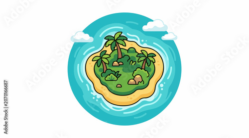 A cartoon island with palm trees and rocks