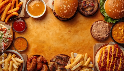 Assorted Fast Food Burgers Fries Sauces Onion Rings Spread