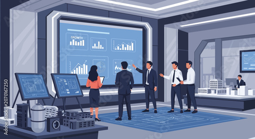 Business Meeting Presentation with Data Charts on Large Screen.