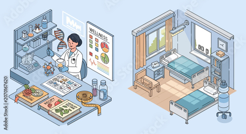 Scientist working in laboratory and hospital room illustration.
