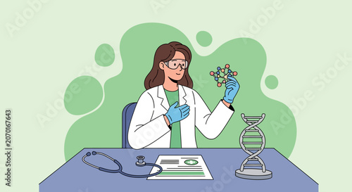 Scientist examining DNA model in laboratory setting with stethoscope.