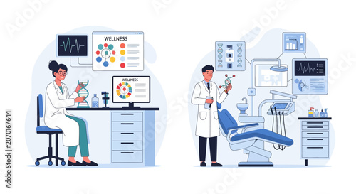 Scientist working in laboratory and dentist in clinic.
