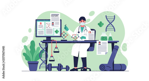 Doctor in lab coat with stethoscope at desk with medical charts and DNA helix.