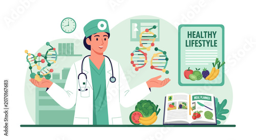 Doctor explaining healthy lifestyle and genetics.