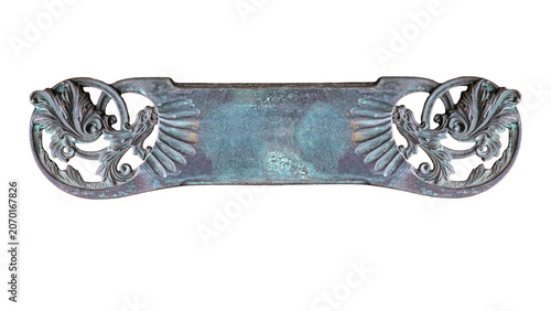 Foto Antique decorative copper backplate with ornate dragon and foliate scrollwork on each end with room for text between isolated on a transparent background PNG file