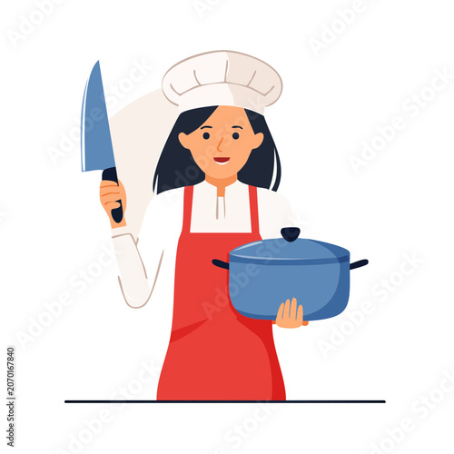 Female chef holding knife and pot, flat vector illustration