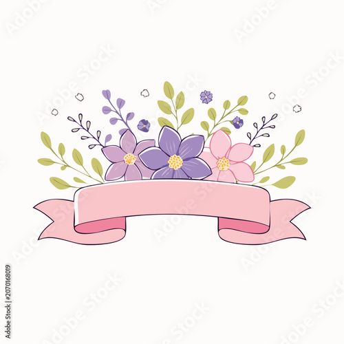 Floral Banner with Pink Ribbon and Purple Flowers