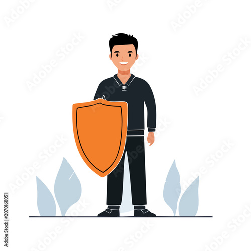 Man holding orange shield flat vector illustration