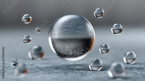 Crystal-clear water droplets suspended in space