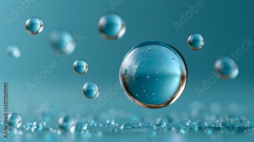 Shiny water droplets suspended in mid-air with blurred blue background