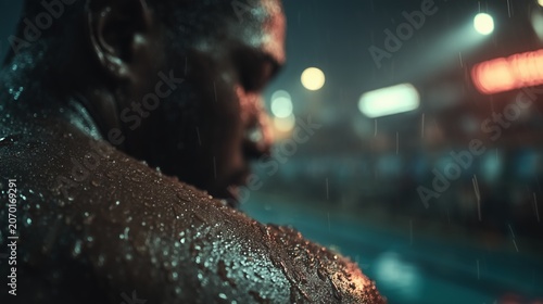 Swimmer holding a painful shoulder at poolside with water dripping, intense cinematic lighting and sports injury recovery concept