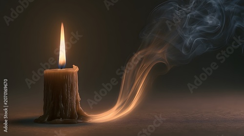 Candle with trailing smoke on dark surface