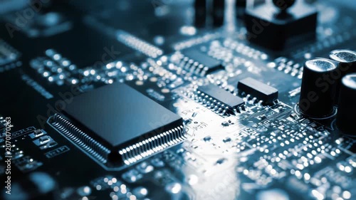 Microchip and electronic components populating a circuit board, embodying information technology, digital processing, and a future of innovation and high tech connectivity