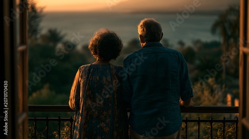 Couples enjoying sunset view, framed by balcony railing and lush greenery