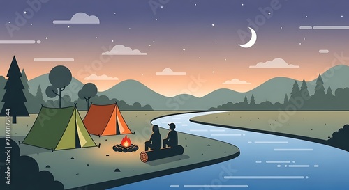 Tranquil lakeside camping scene with mountain backdrop.