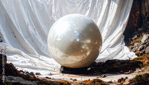 Large Chrome Sphere Outdoors.