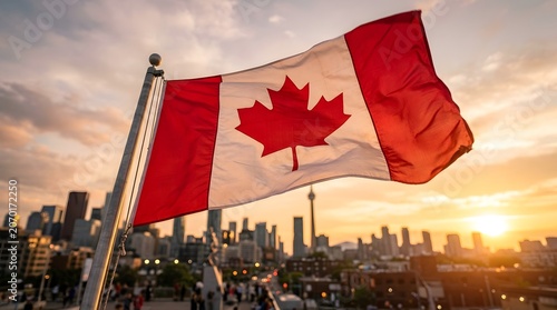 Happy canada day celebration with canadian flag waving in toronto cityscape at sunset