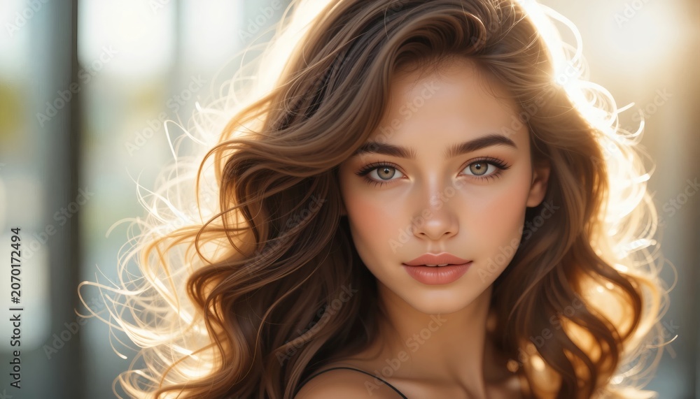Naklejka premium Radiant young woman portrait with flowing sunlit hair