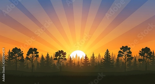 Dramatic sunset over serene pine forest landscape.