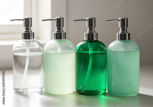 Three soap dispensers with different colored liquids