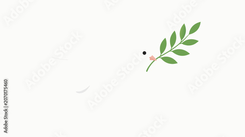Graceful white peace dove flying with a green olive branch in its beak, flat vector illustration representing hope, freedom, and global harmony on a clean light background for pacifist themes.