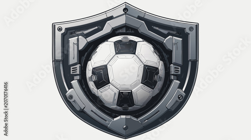 Soccer ball trapped inside a heavy metal security shield, flat vector illustration representing sports safety and game protection concept, isolated on a light background for athletic design.