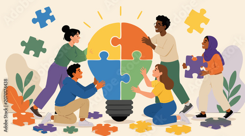 Business team assembling a glowing yellow lightbulb from colorful puzzle pieces, flat vector illustration of creative collaboration and innovative brainstorming ideas, isolated on light background.