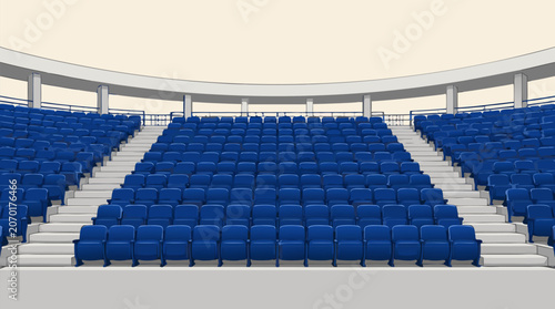 Stadium bleacher seats completely empty in blue and gray colors, flat vector illustration of an arena seating section for sports events and concerts, isolated on a clean light background.