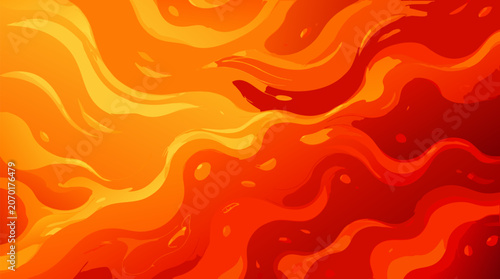 Wavy liquid gradient background with flowing abstract shapes resembling hot lava and molten magma, vibrant orange and red colors in a modern flat vector illustration for creative digital design.