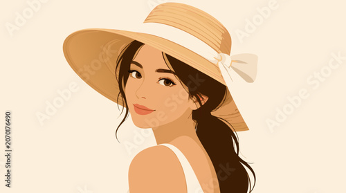 Elegant woman wearing a large stylish summer straw hat in a flat vector illustration, minimalist fashion concept for sun protection and vacation lifestyle, chic feminine character design element.