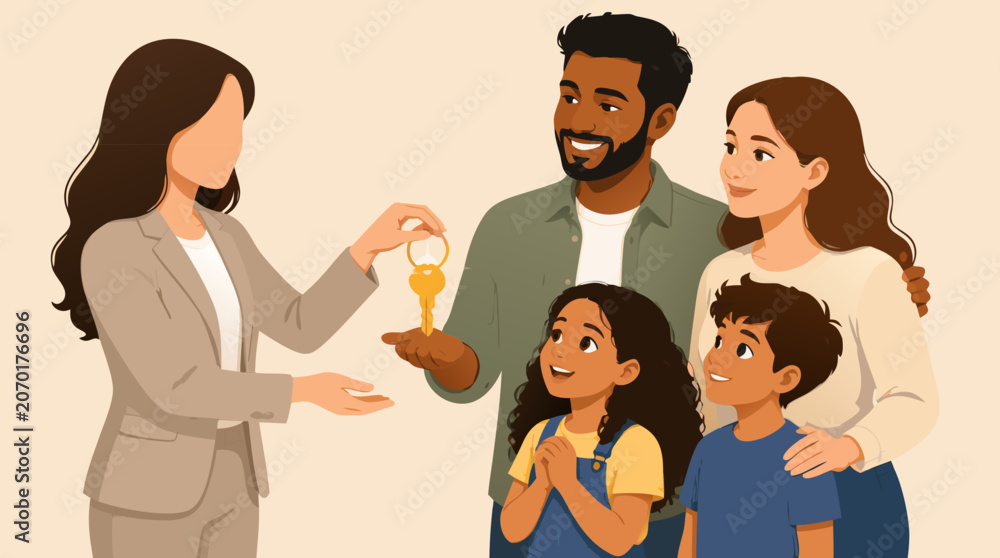 Obraz premium Minimalist flat vector illustration of a professional real estate agent giving a golden key to a young family, representing the dream of home ownership, property sales, and new beginnings.
